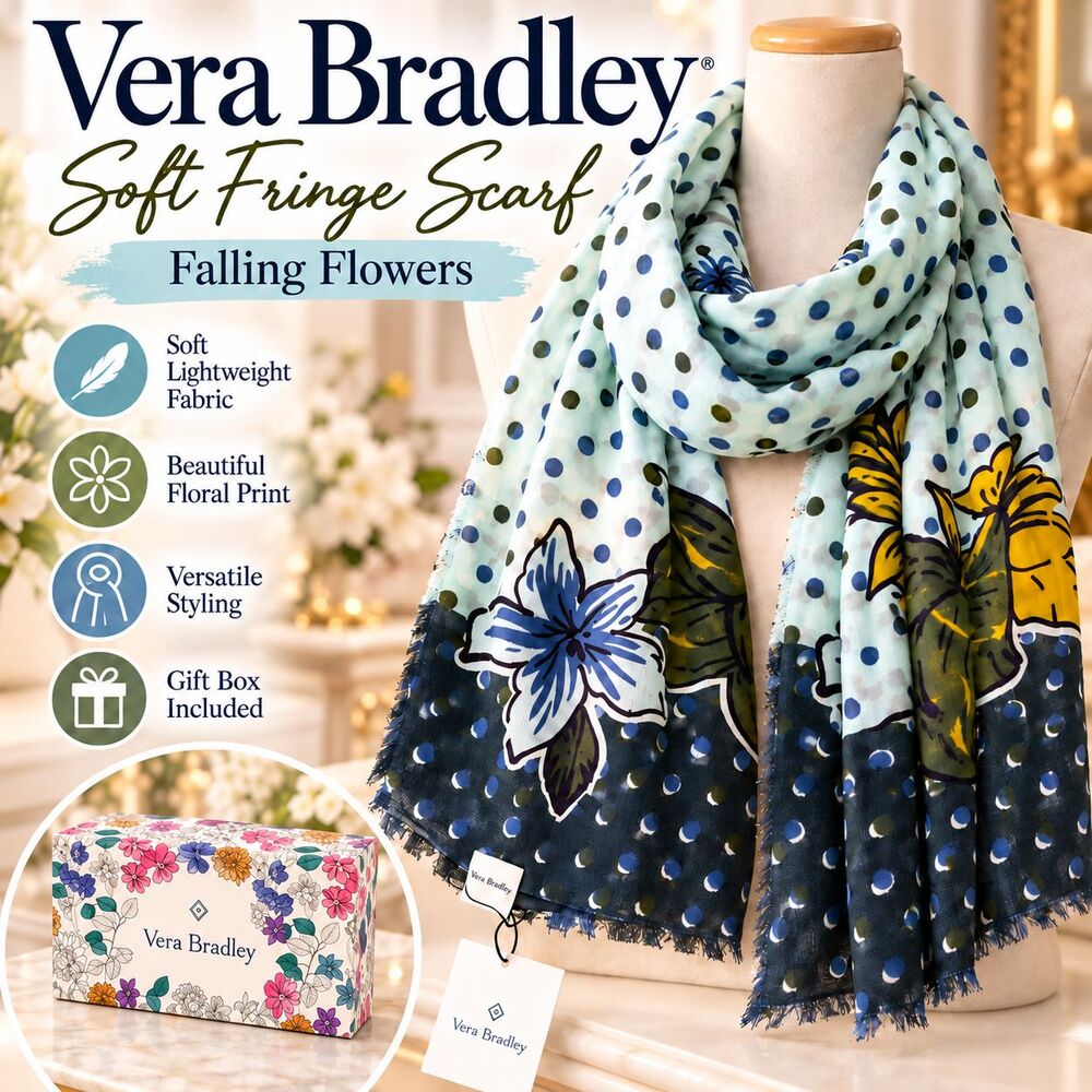 Vera Bradley Falling Flowers Soft Fringe Scarf w/ Floral Gift Box NWT $38